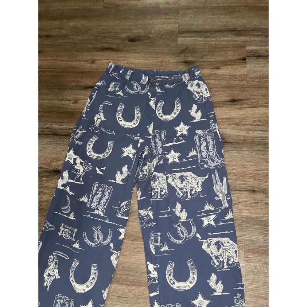 Free People Seaside Pull On Pants Western Print Indigo Combo Rodeo Time MEDIUM